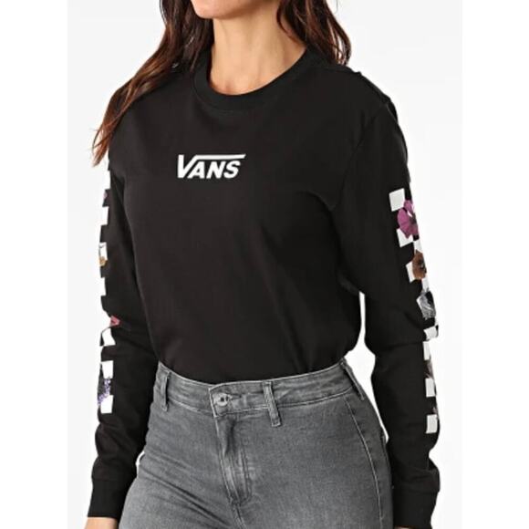 Vans Long Sleeve Black Shirt Floral arms Tee Crew Neck Size Small - Picture 5 of 8